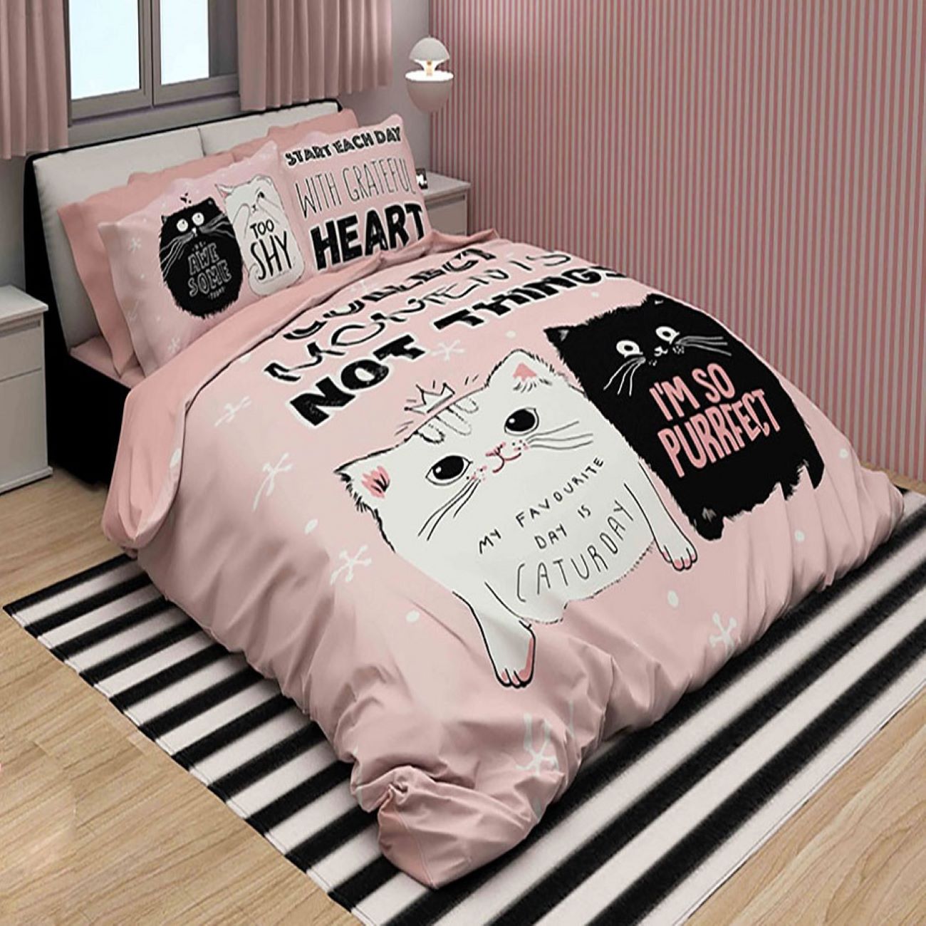 Kat en Koptelefoon Ontwerp Bedden Set – Roze