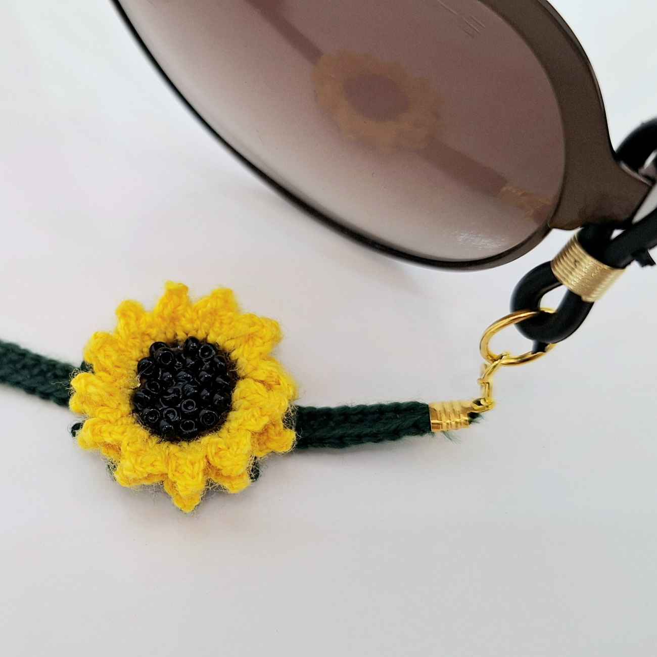 Brillenkoord – Handgeweven Zwart met Zonnebloem