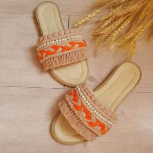 Oranje Macramé Binnenslippers – Parel & Spiegelmozaïek