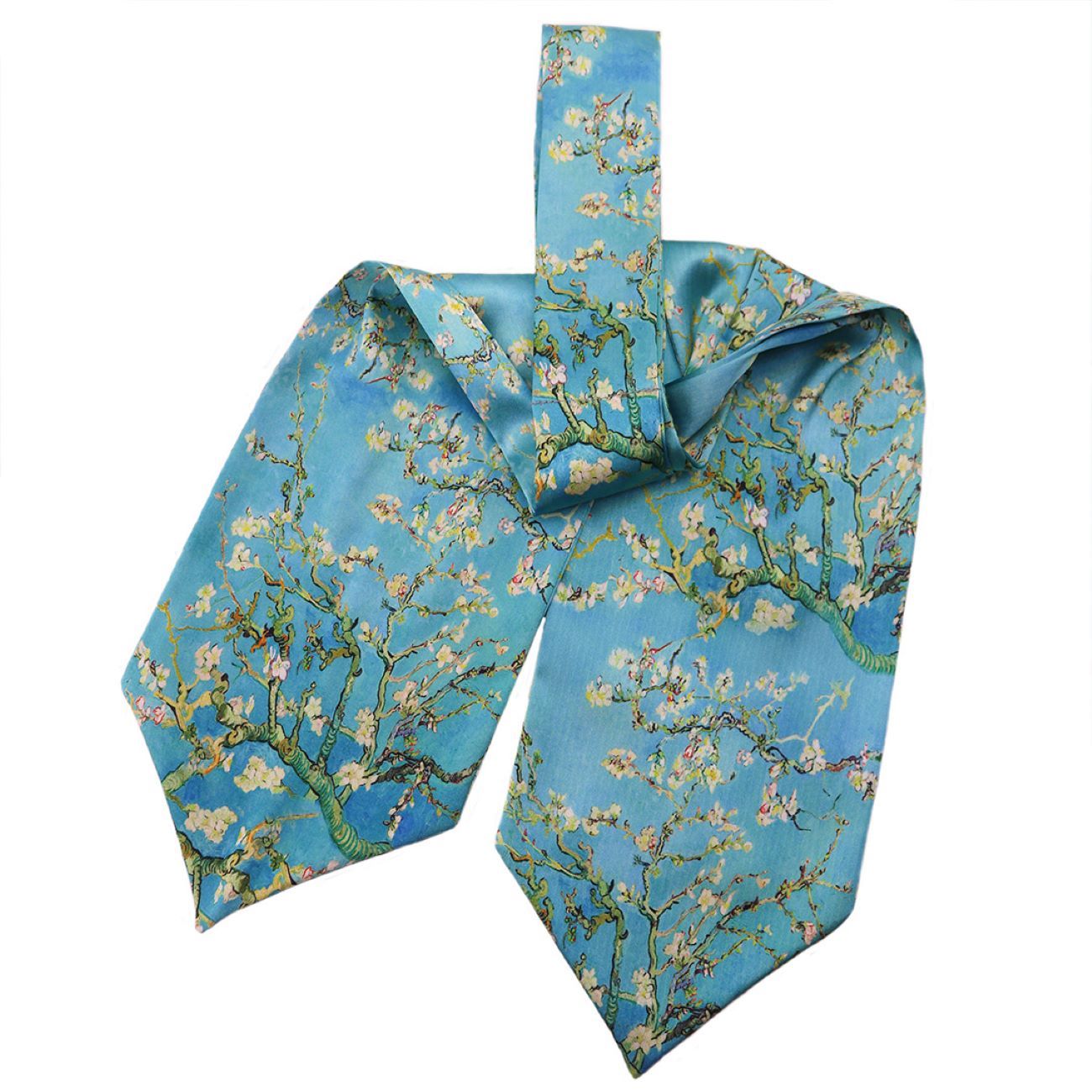 Blauwe Satijnen Ascot Das met Bloemen