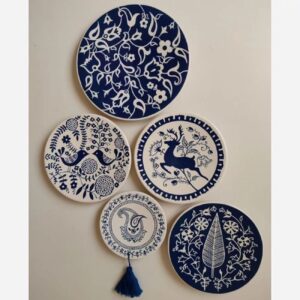Marineblauwe Keramische Wandborden – Set van 5
