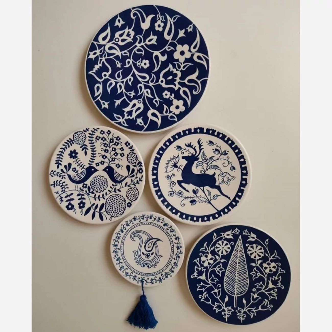 Marineblauwe Keramische Wandborden – Set van 5