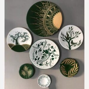 Keramische Wandborden met Zon, Boom en Vogel Design — Set van 7