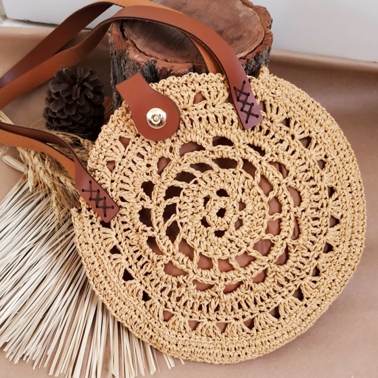 Handgemaakte Raffia Tas – Boho Gehaakte Cirkel Tas – Honingkleur