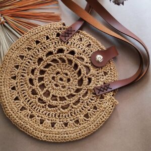 Handgemaakte Raffia Tas – Boho Gehaakte Cirkel Tas – Honingkleur