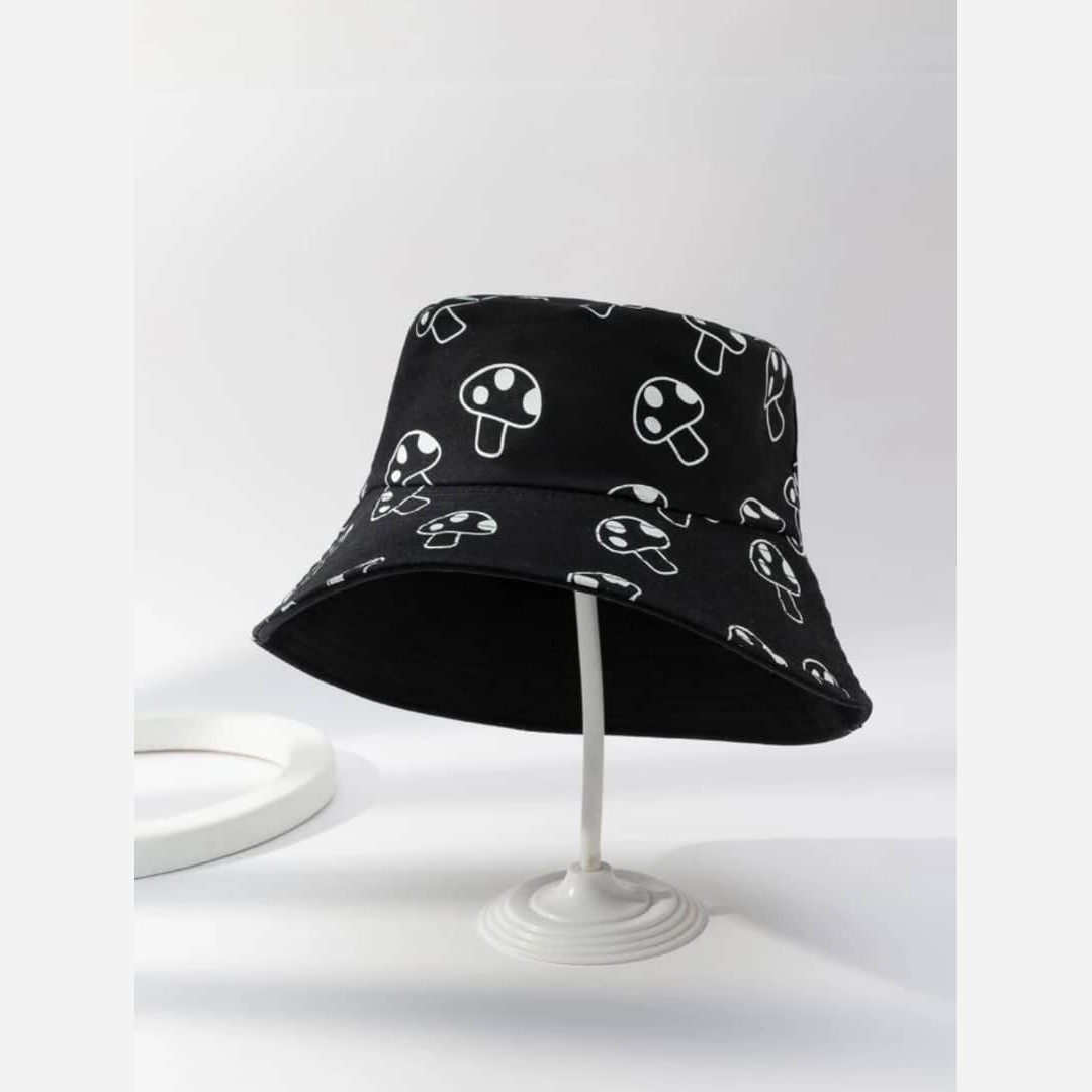 Bucket Hat met Paddenstoelpatroon – Relaxte Pasvorm Zwart