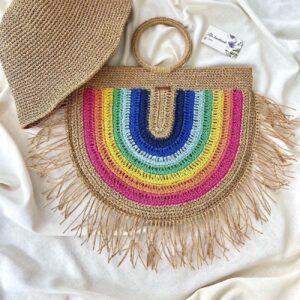 Zomer Raffia Handtas – Regenboog Ontwerp Honing