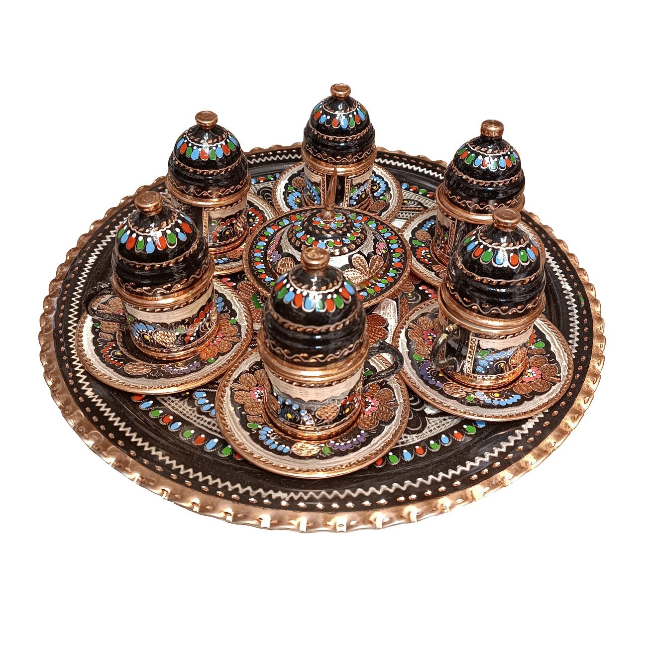 16-delige Houtskool Koperen Samovar Set met Minakari Ontwerp