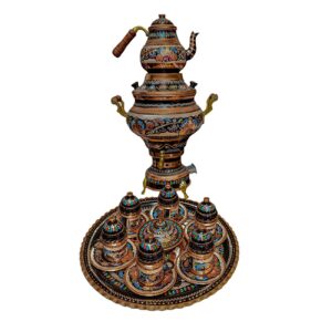 16-delige Houtskool Koperen Samovar Set met Minakari Ontwerp