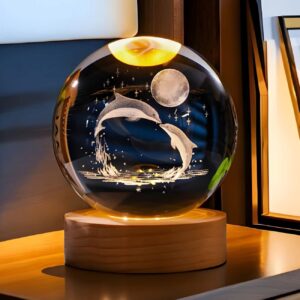 3D Kristallen Bol Tafellamp, Romantisch Dolfijn en Maan Ontwerp Model