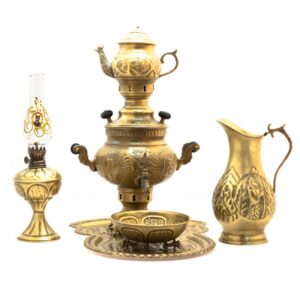 6-Delige Messing Houtskool Samovar Set met Reliëfdruk