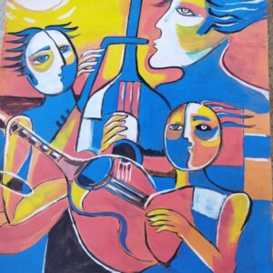 Kubistisch Gouache Schilderij – Handgeschilderd