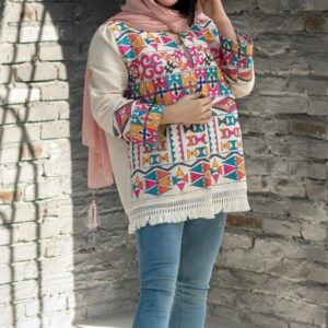 Handgeborduurde Linnen Blazer-Manto – Geometrisch