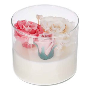 Witte Kaars in Glas – Luxe Bloem Details – Sereniteit