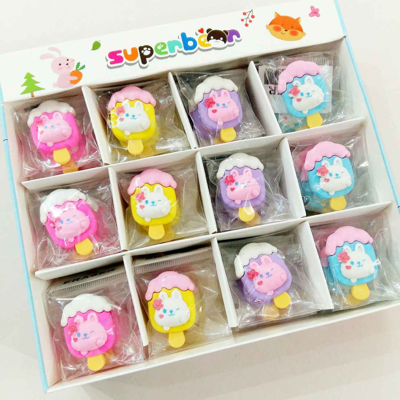 Konijn- en ijsjesset gummen – 2-in-1 schattige schrijfwaren set